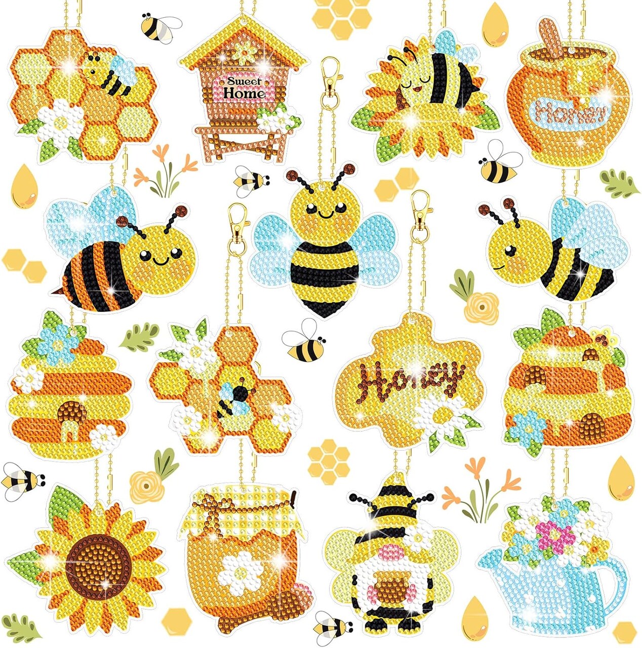 15-piece DIY 5D diamond painting keychain set featuring bee and spring-themed designs. Full-drill craft kit for making sparkling keychains, pendants, or decorative accessories—perfect for spring, summer, or Easter décor.